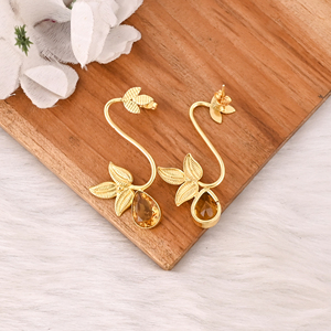 Boucles d'oreilles pendantes en laiton plaqué or avec serti clos en pierre gemme Citrine Hydro, bijoux de mode faits à la main et tendance pour femmes - Product Image 5