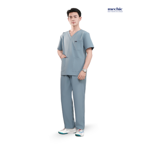 Mechic Men's Light <b>Blue</b> V-Neck <b>Scrub</b> Set Short Sleeve Hospital Uniform Woven Cotton Polyester Pants Included - Product Image 2