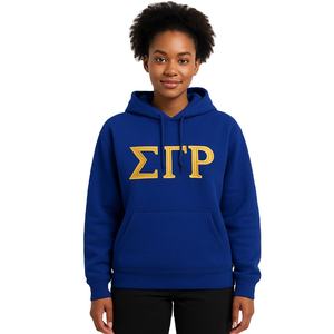 Sudadera con Capucha Personalizada de Felpa Azul Rey con Letras Griegas Doradas, Logotipo Bordado para Mujer, OEM, Ropa Ecológica de Invierno para Hermandades - Product Image 1