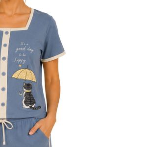 Blue And Ivory Women Two Piece Shorts Set Square Neck Button <b>Top</b> <b>Cat</b> Umbrella Print Casual Summer Cotton Lounge Wear Outfit - Product Image 4