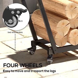 Black Metal Firewood Rack with Wheels 31.1\" X 11.8\" X 31.9\" Indoor/Outdoor <b>Log</b> <b>Holder</b> with Kindling Tool Hooks Women's Coats - Product Image 6