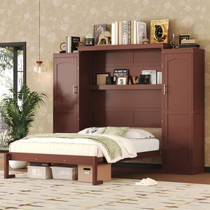 Multifunctional Full-Size Wooden Murphy <b>Bed</b> <b>with</b> 2 Wardrobe <b>Storage</b> Shelf Foldable <b>Platform</b> Bedframe by Gu - Product Image 1
