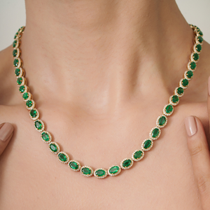 High Grade Factory Custom Products 18K <b>Real</b> Yellow Gold Zambian <b>Emerald</b> & Diamond Halo Tennis <b>Necklace</b> Wedding Jewelry - Product Image 2