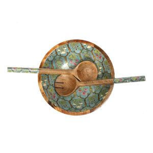 Bol en bois imprimé émail, motif cachemire bleu et blanc, pour servir les salades et les plats du soir - Product Image 2