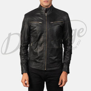 Blouson en cuir noir pour homme, véritable peau de mouton, coupe ajustée, style motard superposé, décontracté, automne-hiver - Product Image 3