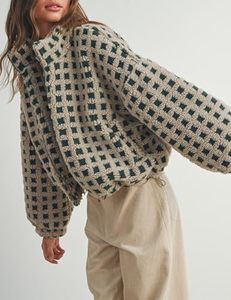 Best Selling Women's Cream <b>Green</b> Grid Sherpa <b>Jacket</b> Jacquard Pile Knit Full Zip Elastic Cuffs Shock <b>Cord</b> Hem B2B Manufacturing - Product Image 5