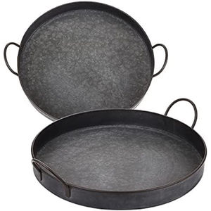 Juego de 2 bandejas redondas de metal y hierro con asas, estilo rústico, galvanizadas, decorativas, para almacenamiento en el hogar y la cocina. - Product Image 1