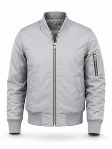 Chaqueta Bomber Gris Claro para Hombre, Cuello Alto, Cierre de Cremallera, Casual, Resistente al Viento, Poliéster, Color Sólido, Corte Regular, para Otoño - Product Image 1