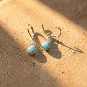 925 Sterling Silver <b>Fine</b> Dangle <b>Earrings</b> with Larimar Oval Cut Gemstone for Weddings Engagements or Anniversaries - Product Image 2