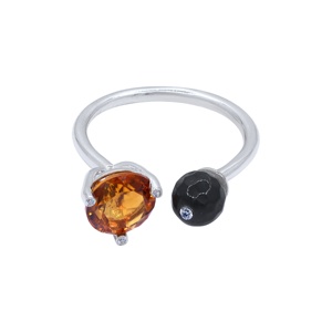 Anillo Abierto de Dos Piedras de Plata de Ley 925 con Citrino Natural y Ónix Negro Facetado, Joyas Memoria, Venta al por Mayor - Product Image 1