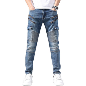 Jean en denim pour homme, coupe slim, respirant, style motard, avec poches zippées, en coton délavé, style cargo, taille mi-haute, imprimé brodé, collection automne - Product Image 1