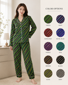 Women Soft Cotton Floral Printed Pajama <b>Set</b> Casual Green Nightwear Long Sleeve Two Piece Loungewear <b>Set</b> Elastic Waist Quick Dry - Product Image 2