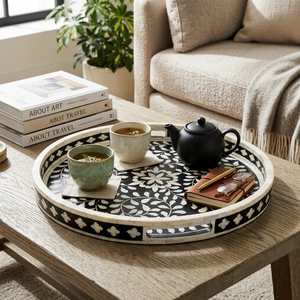 Plateau de service rond en os fait main avec incrustation de nacre et motif feuille, noir et blanc, vente en gros, personnalisable OEM ODM DECORYUG - Product Image 2