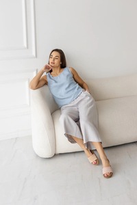 Pantalon large en lin pour femme, taille haute, coupe courte, décontracté, pour l'été – Vêtements personnalisés pour femme en gros - Product Image 6