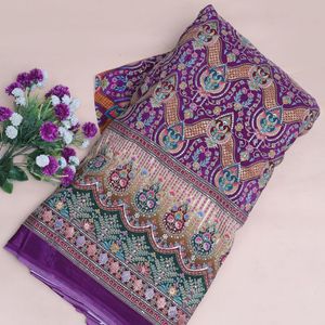 Tela de crepé tejida floral morado real con bordado, 54 pulgadas, ligera, con borde Daman, pieza cortada para Kurti, Túnica, Anarkali, Vestido, Lehenga - Product Image 2