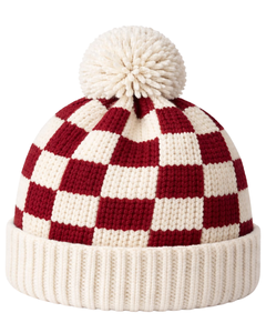 Gorro de Punto Personalizado a Cuadros Rojos y Blancos, Gorro de Invierno Cálido con Pompón, Gorro de Punto Grueso Unisex, Gorro con Logo Personalizado, Proveedor OEM - Product Image 1