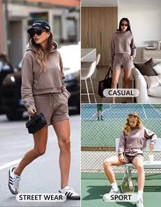 Ensemble 2 pièces streetwear pour femme : sweat à capuche et short, 100 % coton molletonné respirant anti-boulochage, col montant, coupe classique, toutes tailles - Product Image 3