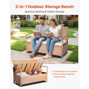 Banc de rangement extérieur pour 2 personnes, coffre de rangement de 70 gallons avec rotin PE et coussin, banc de patio résistant aux intempéries pouvant supporter 265 lb - Product Image 1