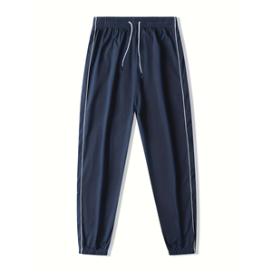 <b>Men's</b> <b>Navy</b> Blue Harem Pants With White Side Stripes Elastic Waist Casual Lightweight Polyester Track Pants Spring Style - Product Image 4