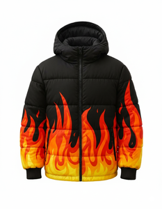 Chaqueta Acolchada Negra con Estampado de Llamas para Hombre, Chaqueta de Invierno con Capucha, Estilo Urbano, Hip Hop, Moda - Product Image 1