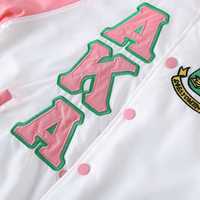 Blouson Bomber AKA personnalisé avec doublure brodée de lettres grecques pour femme, rose, vert, blanc, style universitaire streetwear