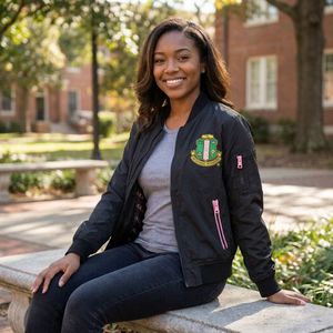 Black Women Bomber <b>Jacket</b> with Green and Gold Embroidered Crest Full Zip Long Sleeve Casual Lightweight Fashion Outerwear Wear - Product Image 1