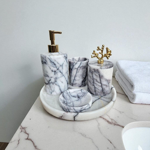 Juego de baño de resina de alta calidad y hermoso diseño, de 5 piezas, dispensador de jabón, bandeja, soporte para pasta de dientes, para uso diario en el hogar, restaurante, hotel. - Product Image 2