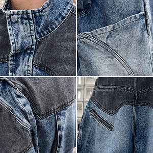 Ensemble deux pièces unisexe en denim de coton style Wasteland, coupe plissée color-block, col rabattu, poids moyen, coupe incurvée - Product Image 3