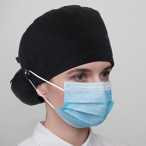 Casquette chirurgicale unisexe noire en satin avec bouton et lien à nouer, en polyester/coton, pour hôpital/infirmières - Product Image 2