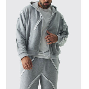 Cotton French Terry Gray Wide Leg Plus Oversized Boxy <b>Zip</b> Panel Embroidery <b>Jogger</b> Man Tracksuit - Product Image 1