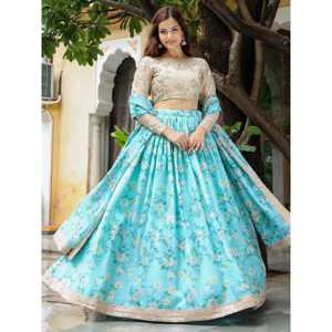 Belle organza Lehenga Choli à imprimé floral bleu ciel avec Dupatta pour vêtements de mariage - Product Image 2