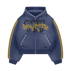 DONGSTD Oversized Cropped Hoodie With <b>Rhinestone</b> Details Streetwear Zip-Up Fleece <b>Jacket</b> Men's Winter Wear - Product Image 3