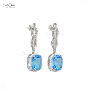 14K <b>Fine</b> White Gold Gemstone Dangle <b>Earrings</b> 11X9MM Octagon Cut Swiss Blue Topaz & White Diamond Halo Dangle Push Back <b>Earrings</b> - Product Image 2