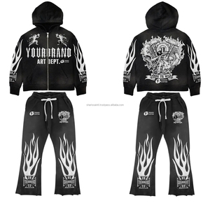 Acid Wash Flared Sweatpants and <b>Hoodie</b> Set Cotton Oversized Thermal Unisex Vintage <b>Hoodie</b> Tracksuit <b>Mens</b> - Product Image 1