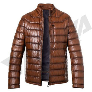 <b>Men's</b> Brown PU <b>Leather</b> Puffer <b>Jacket</b> Stand Collar Zipper Closure Windproof Winter Casual Slim Fit Thick Polyester Wadding - Product Image 3