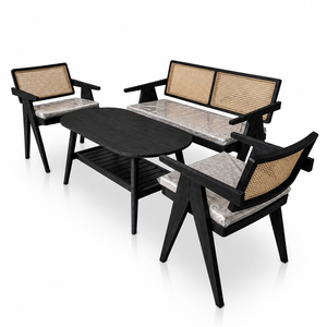 Juego de Muebles de Salón Modernos Escandinavos Malmo de Teca y Ratán con Acabado Negro, Mesa de Centro Ovalada Premium, Estante, Sofá de Mimbre para Hotel o Salón - Product Image 2