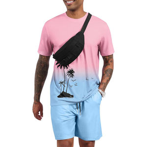 Ensemble de survêtement pour homme à manches courtes, 2 pièces, t-shirt à imprimé tropical, t-shirt hawaïen, short uni, tenue décontractée d'été - Product Image 1