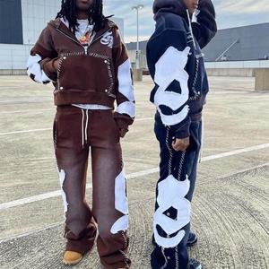 Chándal de invierno personalizado para hombres, parche bordado, trabajo, lavado ácido, pantalones de chándal transpirables y conjuntos de Sudadera con capucha, Acampanados para hombres - Product Image 2