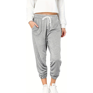 Pantalones Deportivos Casuales de Invierno para Mujer, Color Gris, Cintura Elástica con Cordón, Largura hasta el Tobillo, Bolsillos, Corte Regular, Color Sólido, Tejido de Punto, 100% - Product Image 1