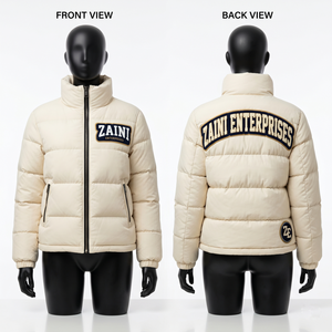 Premium 120 GSM Polyester Women Puffer Jacket Cream Quilted Panel Custom Chenille Embroidery Patch OEM ODM Logo - Product Image 1