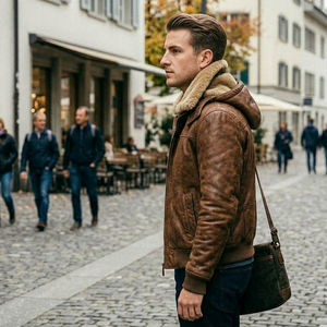 Veste en cuir classique pour homme avec fermeture éclair et coupe ajustée, veste d'hiver en cuir élégante pour homme avec col rabattable - Product Image 4