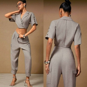 The Heirloom <b>Linen</b> Blend Cropped Blazer & Cargo Trouser <b>Set</b> a cropped short sleeve blazer featuring a sophisticated notched - Product Image 2