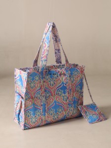 OEM Assorted Blue Heart Quilted Cotton Tote <b>Bag</b> with Pouch - Eco-Friendly <b>Boho</b> Reusable Shopper <b>Bag</b> - Product Image 1