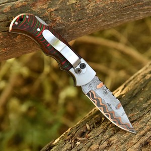 Copper Damascus Steel Folding <b>Knife</b> Back <b>Lock</b> Pakka Wood Handle with Pocket Clip & Sheath Cu Mai EDC Camping OEM <b>Knife</b> - Product Image 3