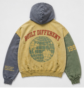 Fabricante de Ropa Urbana, Sudaderas con Capucha de Algodón Grueso, Lavado Desgastado, con Bloques de Color, Sudaderas con Capucha Extra Grandes con Cierre y Estampado Personalizado para Hombre - Product Image 2
