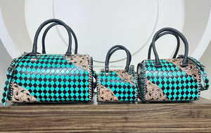 Turquoise & <b>Black</b> Checkered Genuine Leather Western Speedy Duffle <b>Bag</b> Hand Tooled Leather <b>Large</b> Carry On Travel <b>Bag</b> for Women's - Product Image 5