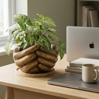 AG Elements Vase Planteur Artistique en Céramique Marron Mat Moderne Antique en Forme de Main avec Plateau de Drainage en Bois pour Plantes Succulentes d'Intérieur