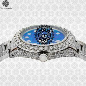Charm Jewells Reloj de cuarzo analógico redondo con incrustaciones de diamantes para mujer, de lujo, de acero inoxidable, 36 mm, cierre plegable, cristal de zafiro - Product Image 3