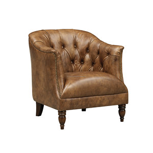 Vintage Tan Genuine Leather Tufted Accent Chair Mid Century Modern Barrel Armchair for Living Room Furniture Home Decor Sofa - Product Image 5