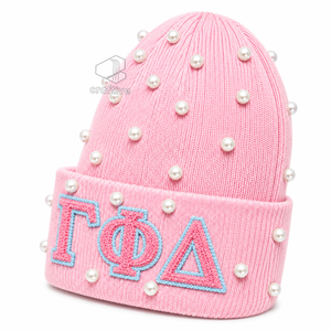 Gorro de Punto con Perlas Rosadas para Mujer de la Hermandad Gamma Phi Delta, Gorro Casual de Invierno con Letras Griegas Bordadas en Chenilla - Product Image 3